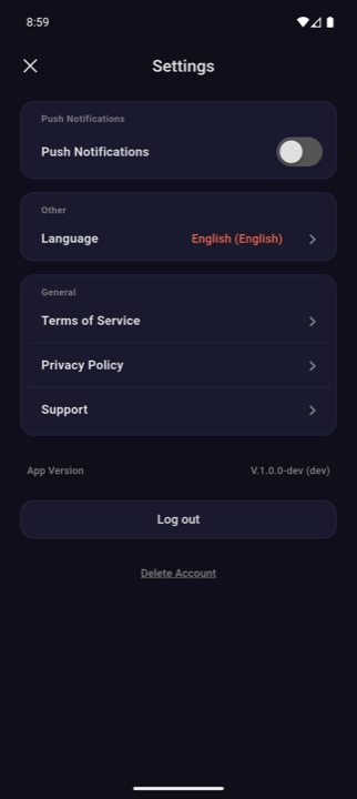 Settings screen with the Delete Account link at the bottom
