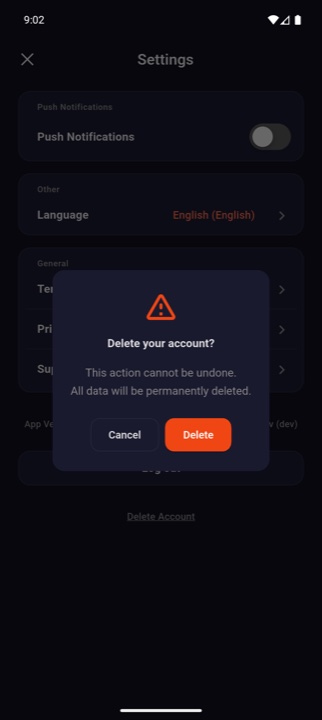Account deletion confirmation dialog